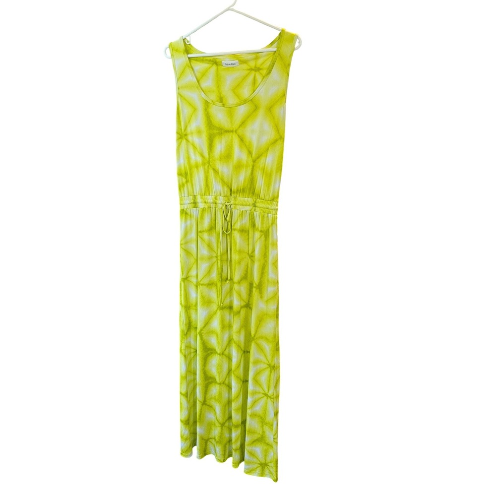 Calvin Klein Sleeveless Maxi Yellow Geometric Dress Drawstring Waist Size 10